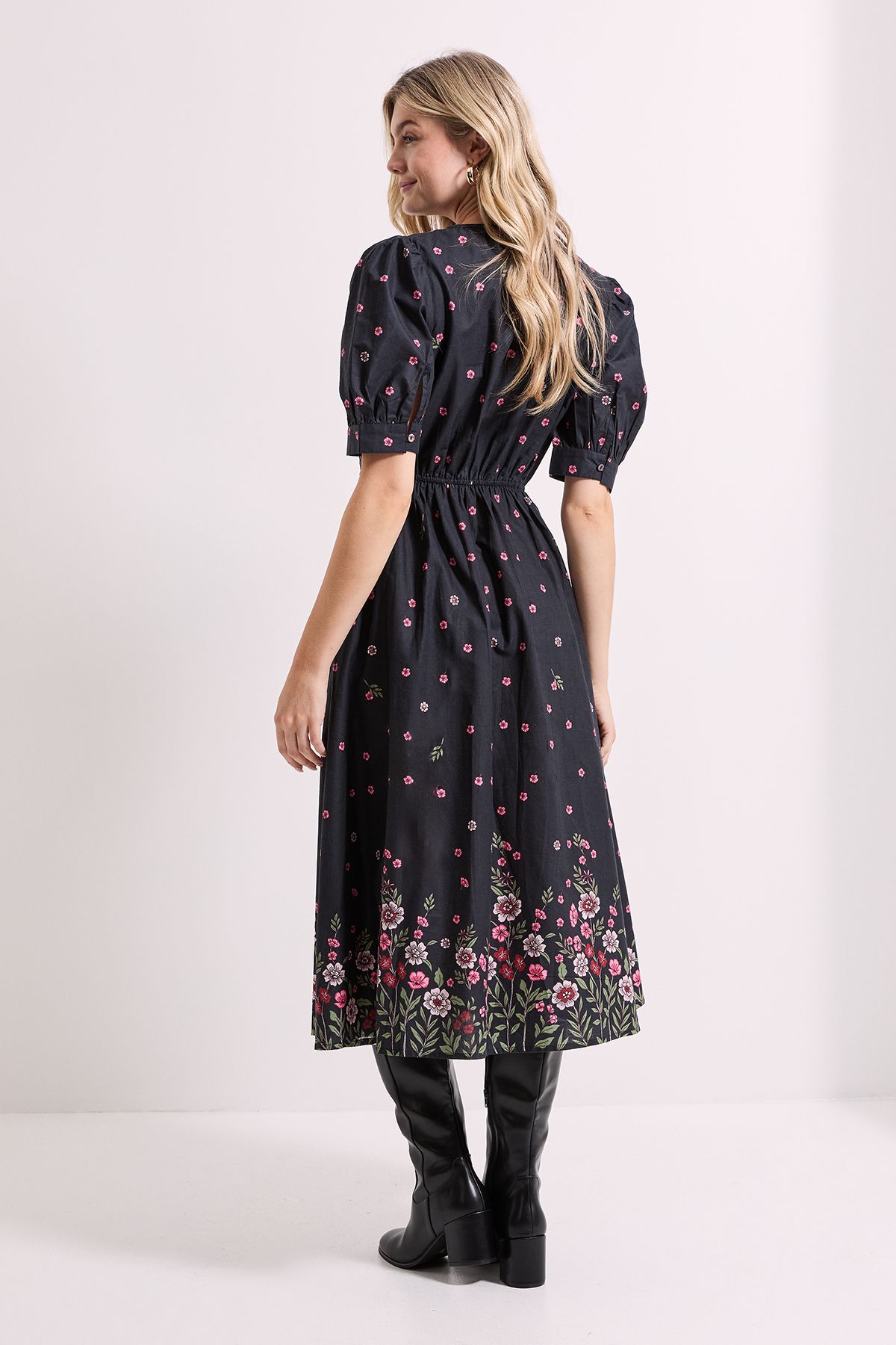 Dorothy Perkins Black Floral Puff Sleeve Button Front Midi Dress Floral image 4