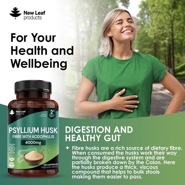 New leaf health Fibre Supplement 4000mg Psyllium Husk with Acidophilus - 120 High Strength Capsules image 3