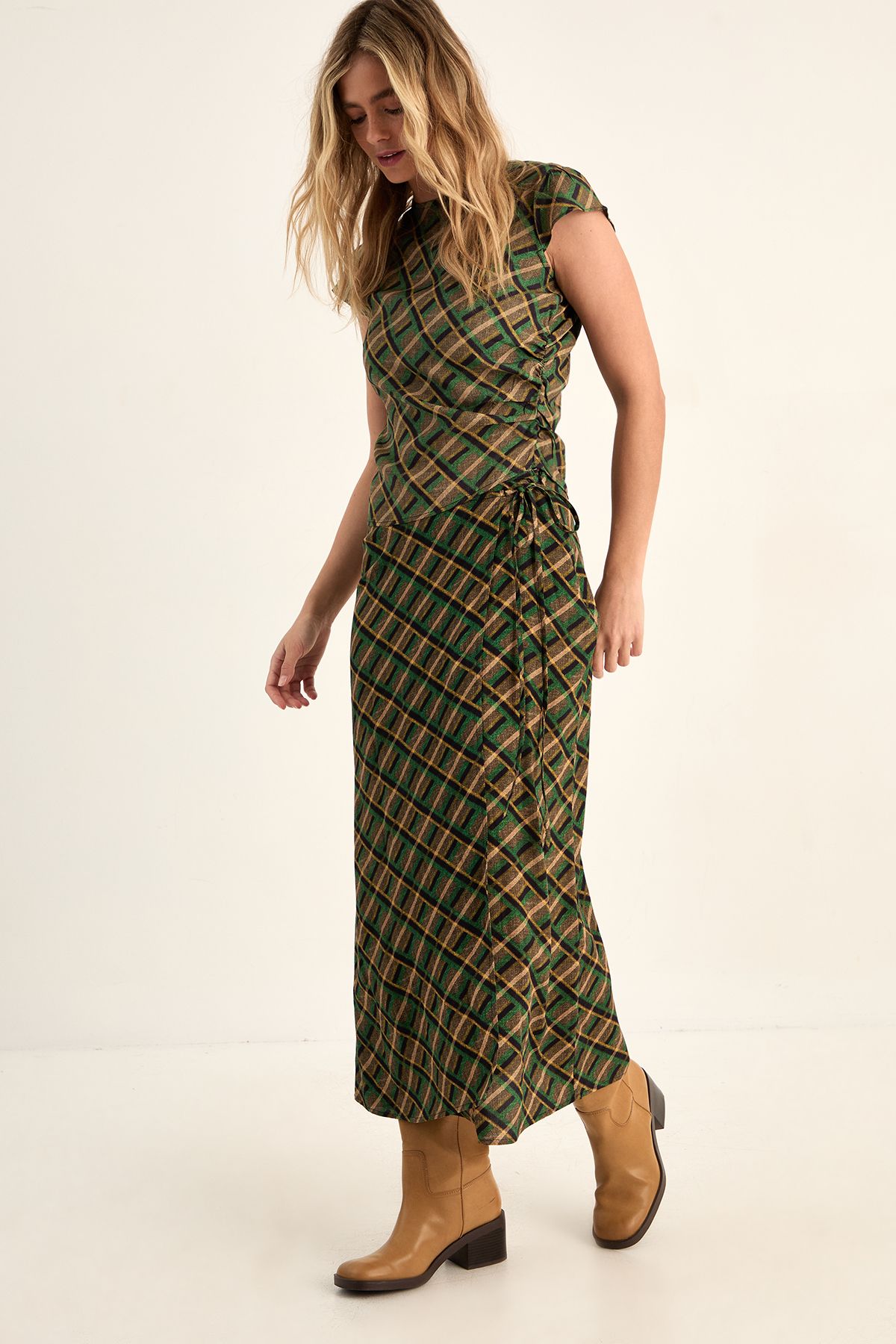 NastyGal Check Wrap Maxi Skirt Green