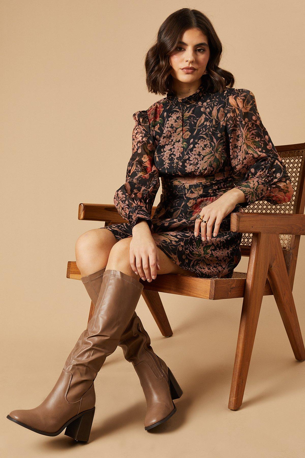 Oasis Kayin Square Toe High Block Heel Stretch Knee Boot Taupe image 2
