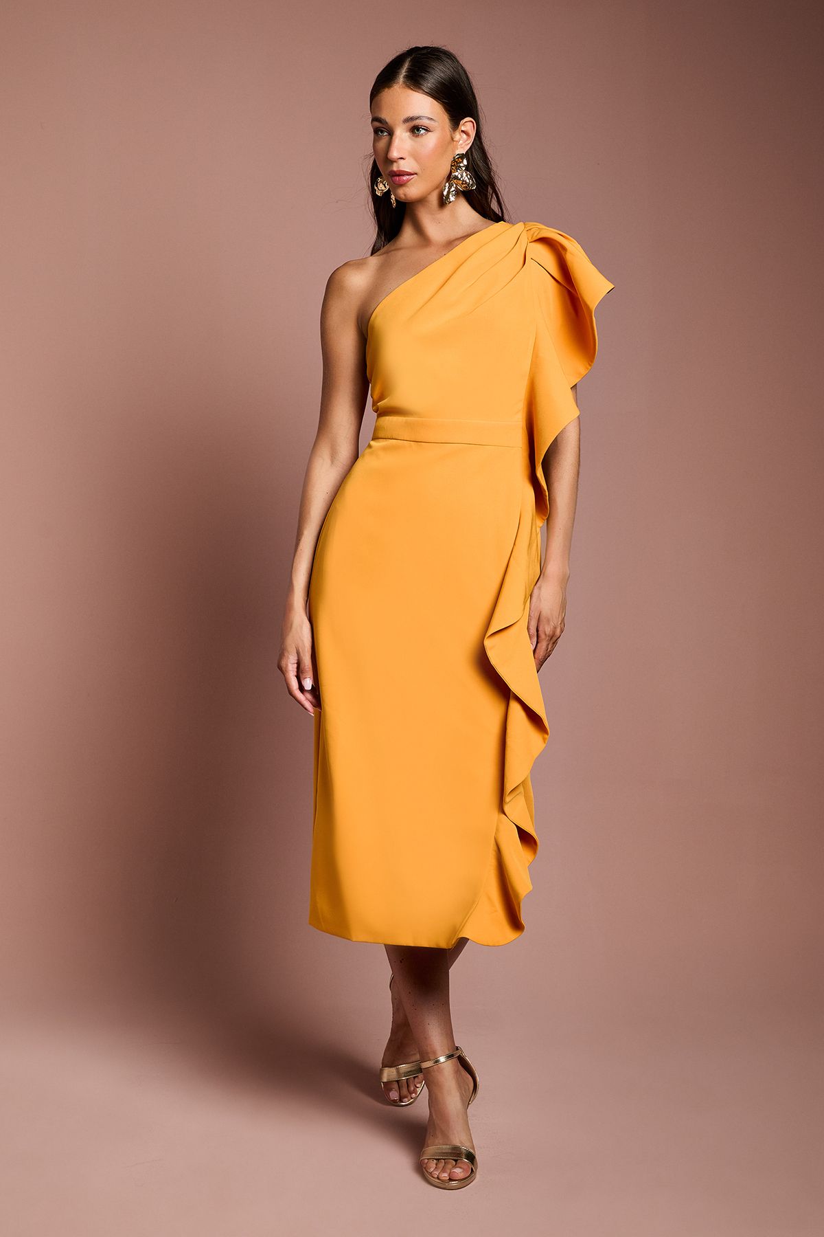 Coast One Shoulder Ruffle Crepe Pencil Midi Dress Orange image 1