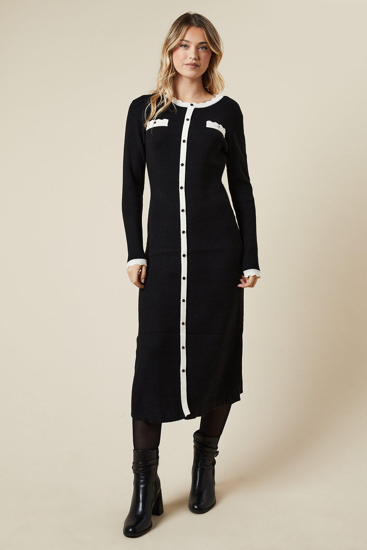 Oasis Scallop Edge Button Down Knitted Midi Dress Black image 1