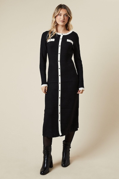 Oasis Scallop Edge Button Down Knitted Midi Dress Black