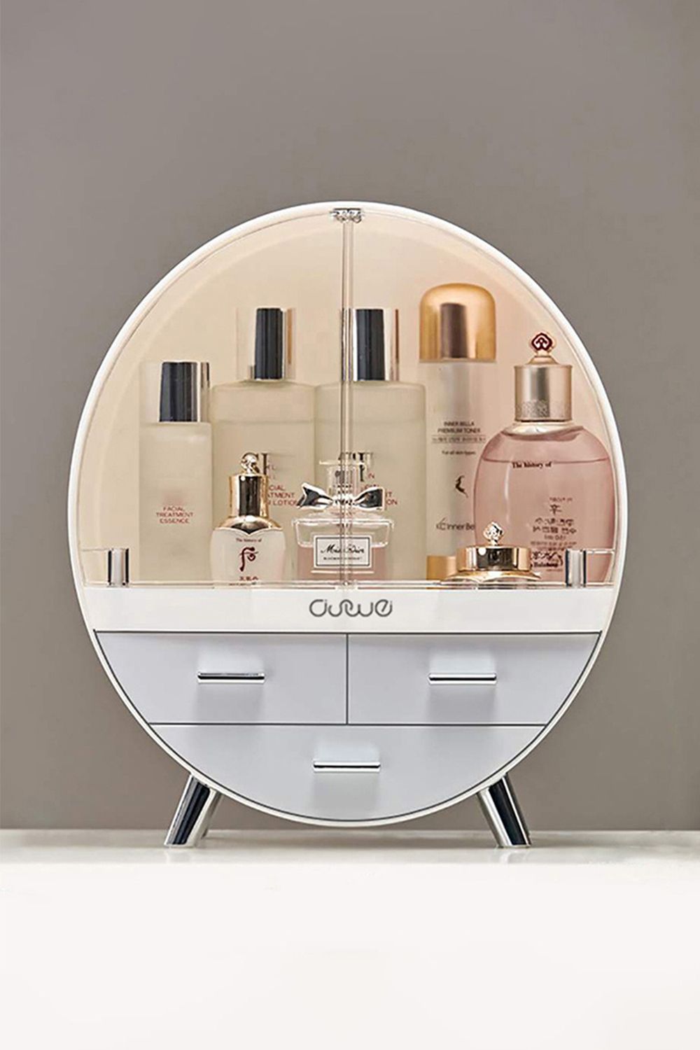 Living and Home 34CM High Round Transparent Cosmetic Display Box With 3 Drawers Storage Box image 1