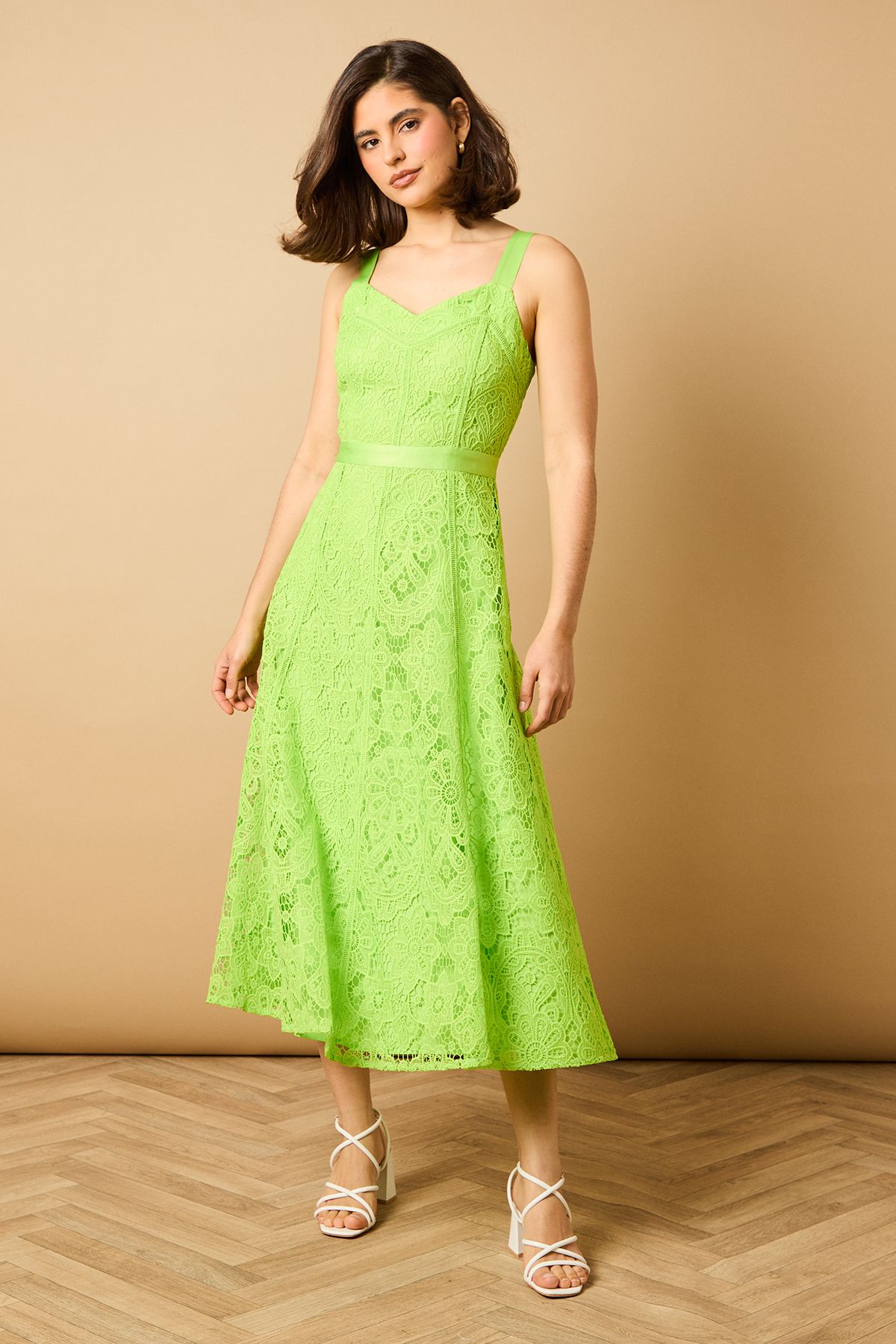 Oasis Floral Lace V Neck Midi Dress Lime image 1