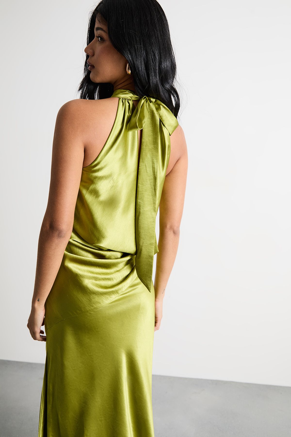 Warehouse Satin Tie Neck Cowl Front Maxi Dress Olive image 2