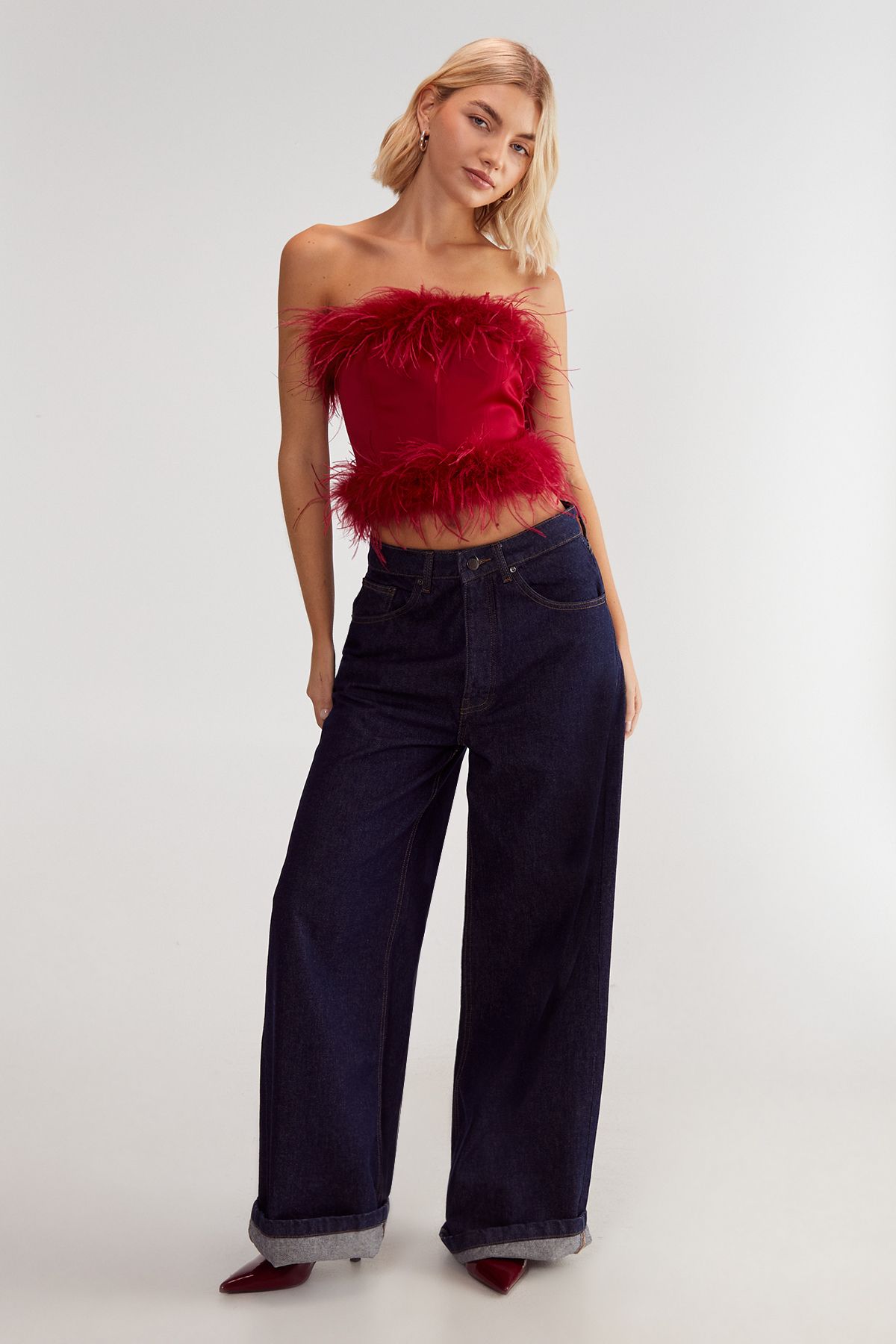 NastyGal Satin Boned Feather Corset Red image 2