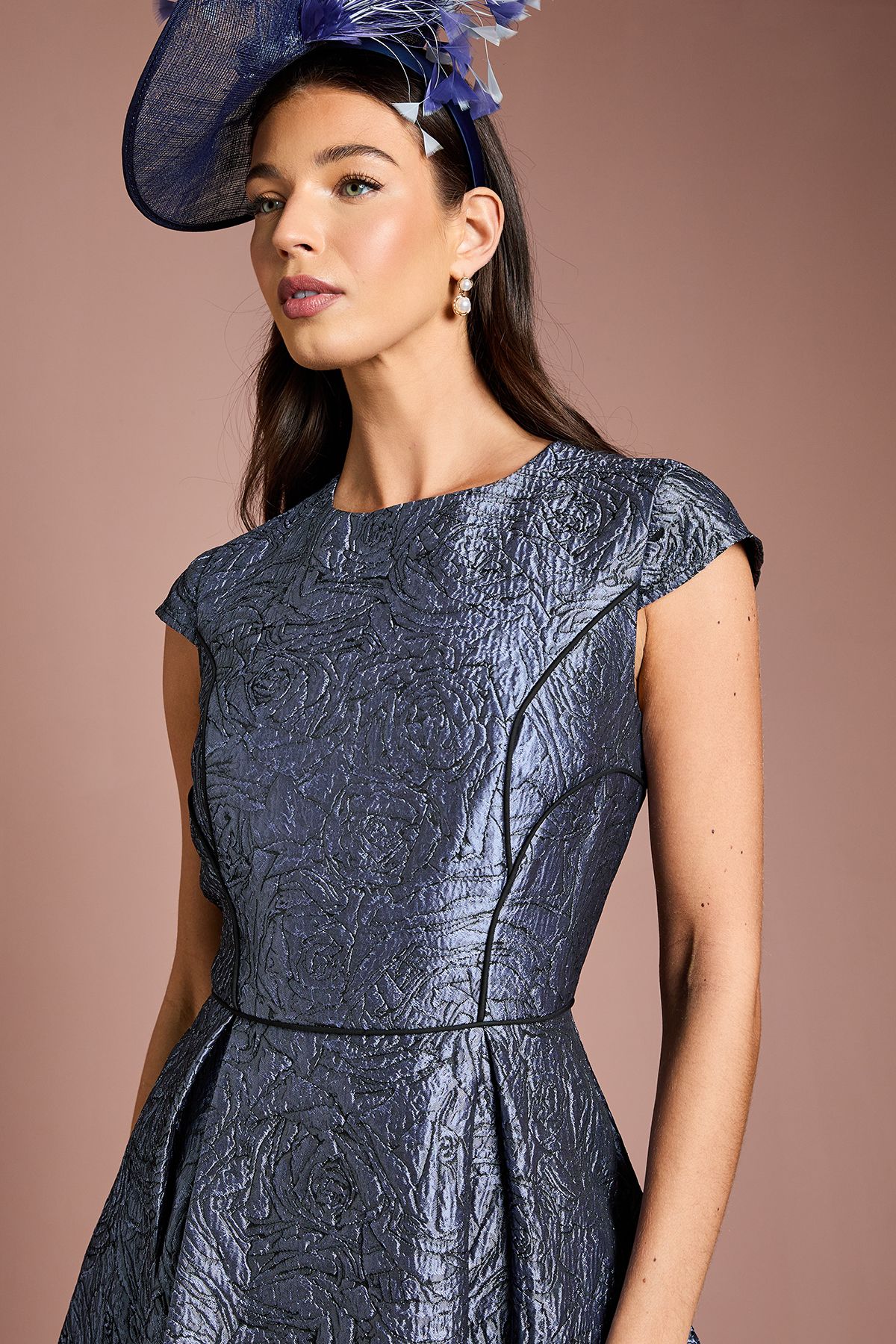 Coast Lisa Tan Cap Sleeve Jacquard Full Skirted Midi Dress Slate image 4