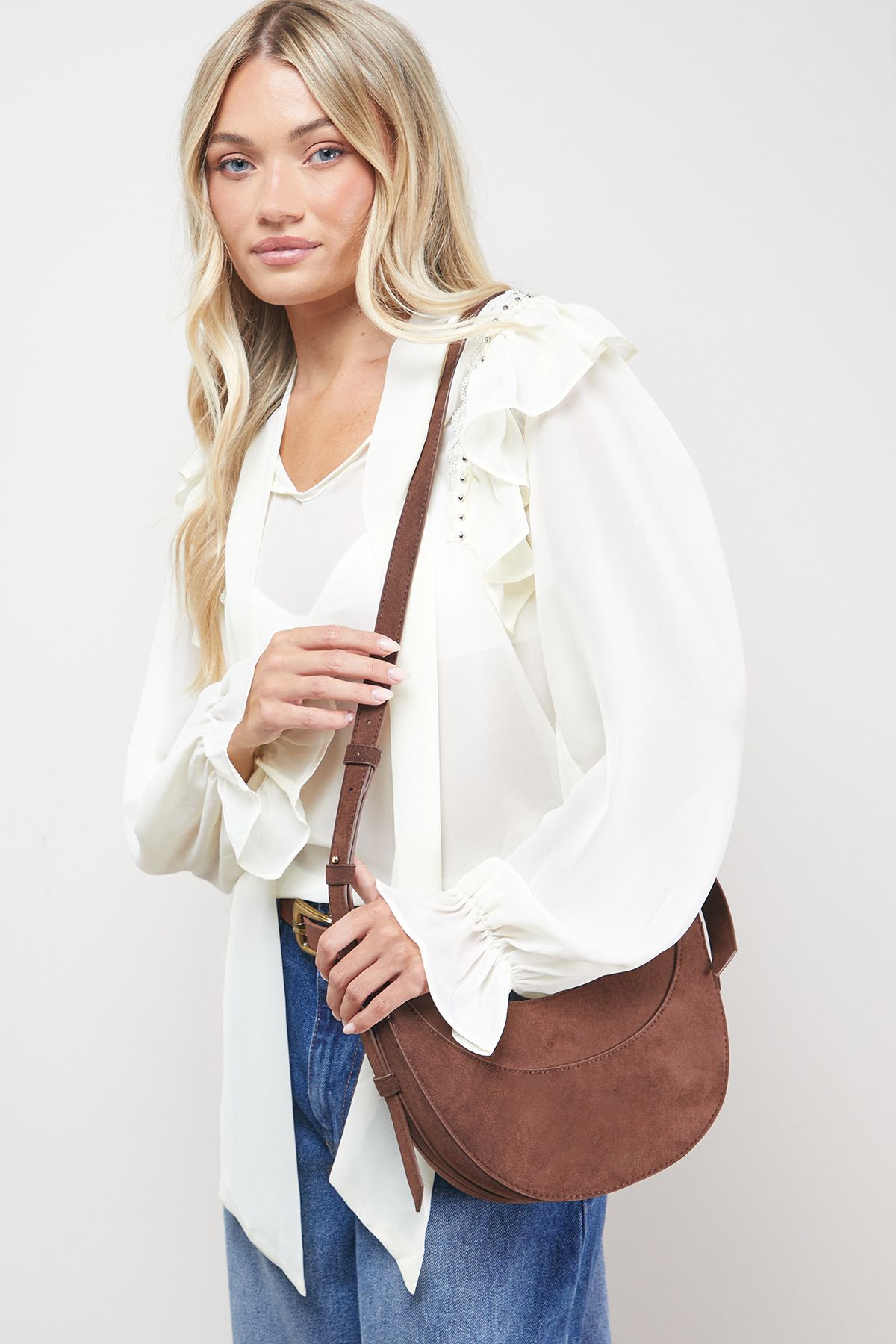 Oasis Relly Faux Suede Half Moon Crossbody Bag Chocolate image 1