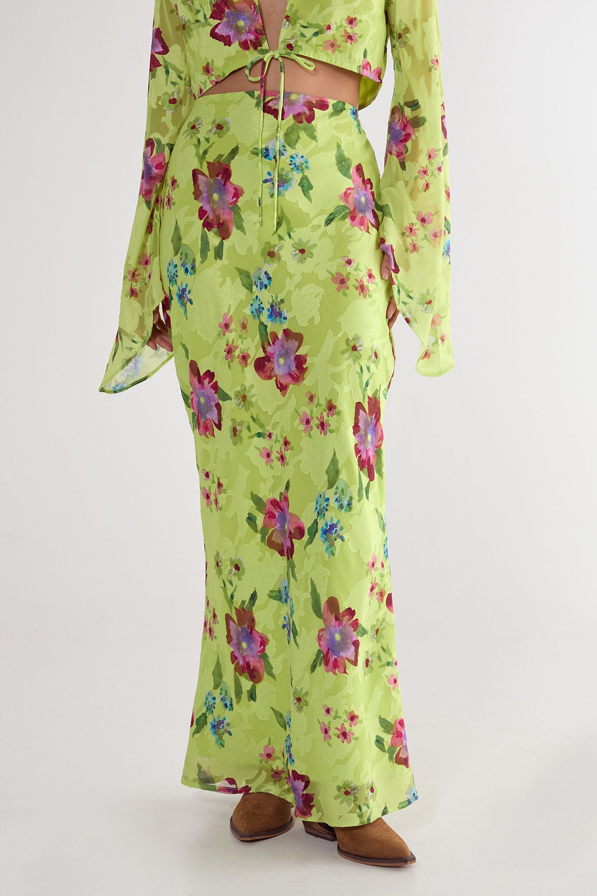 NastyGal Floral Burnout Maxi Skirt Lime image 2