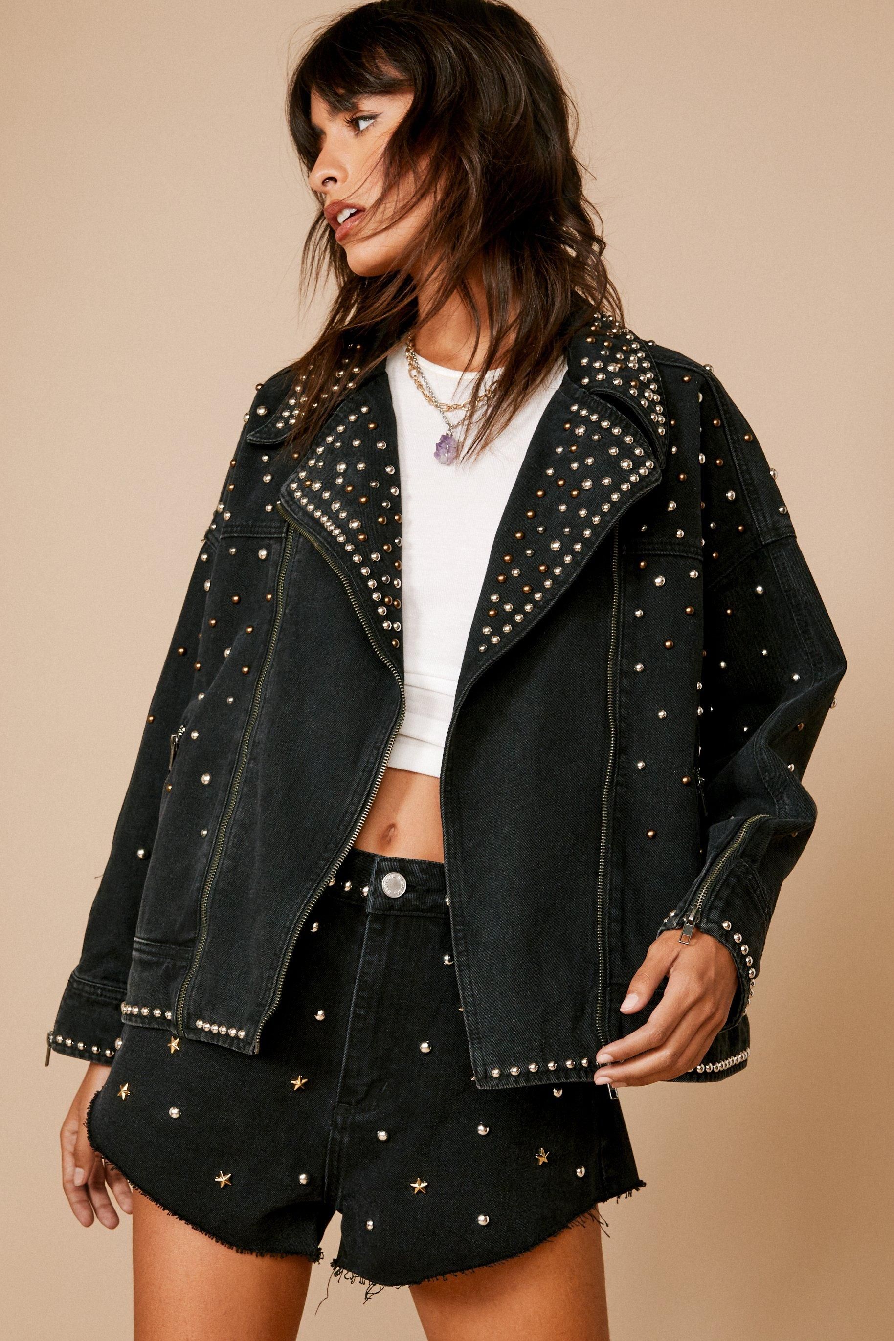 NastyGal Premium Embellished Studded Denim Biker Jacket Black