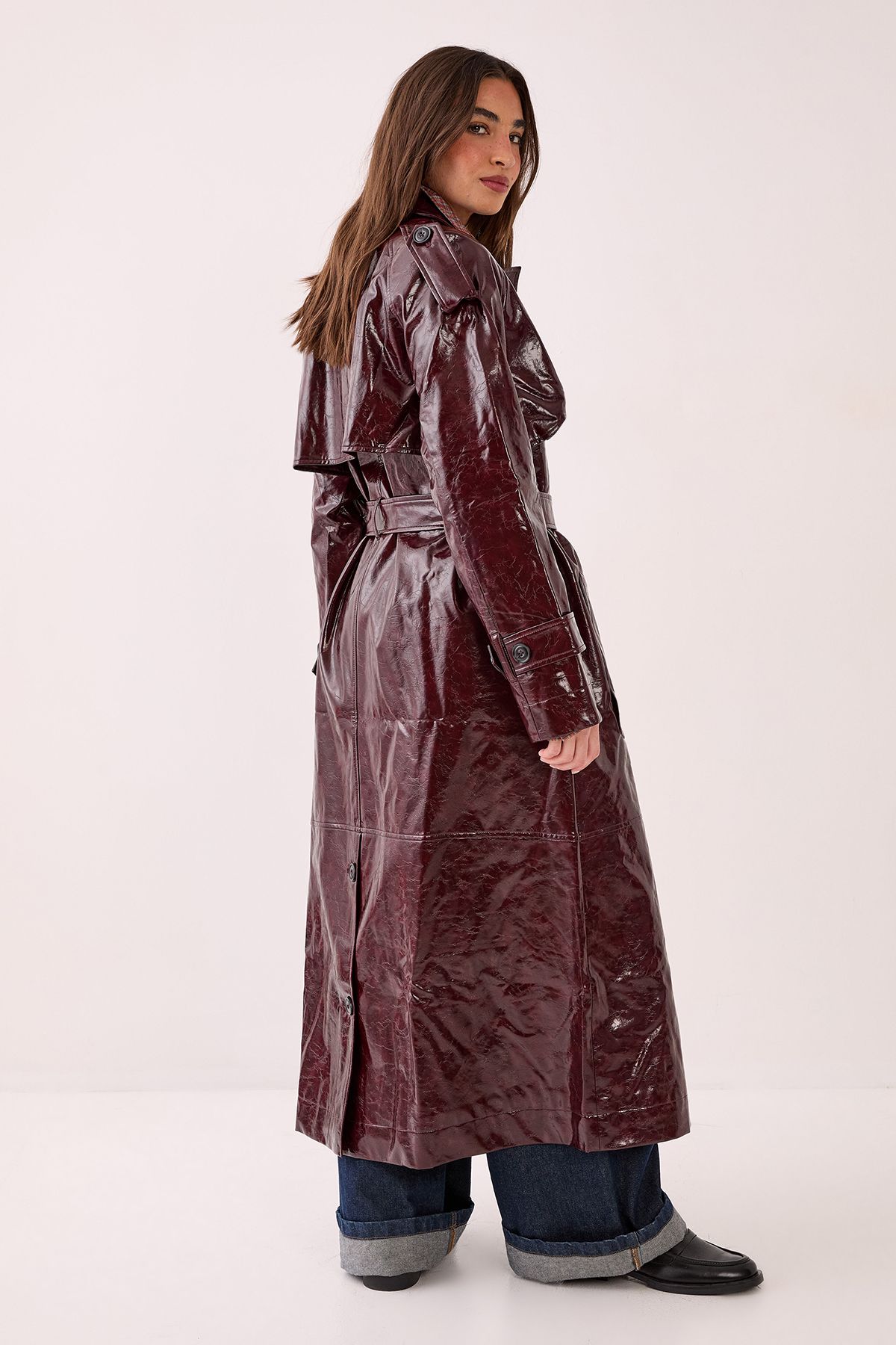 NastyGal Premium Vinyl High Shine Faux Leather Trench Coat Burgundy image 4