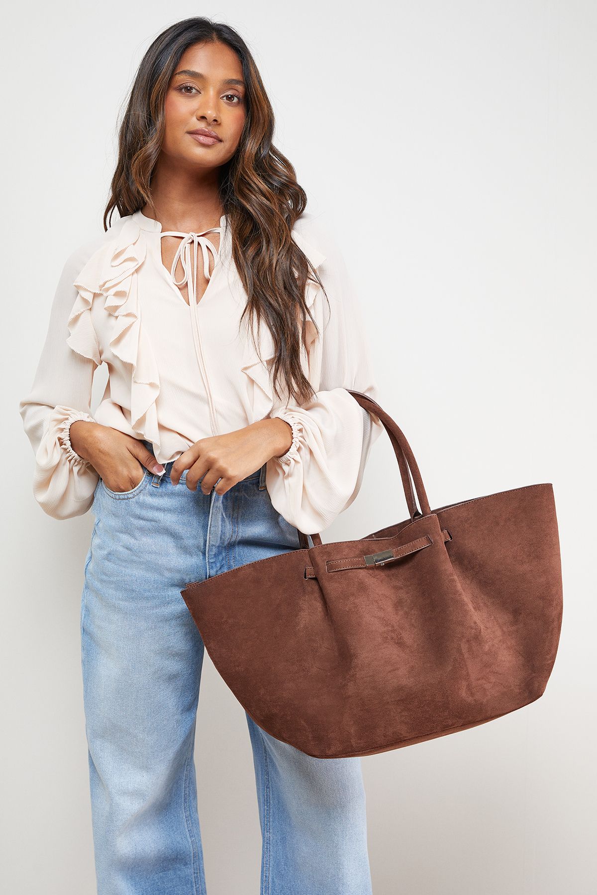 Oasis Topic Faux Suede Top Handle Tote Bag Chocolate image 1