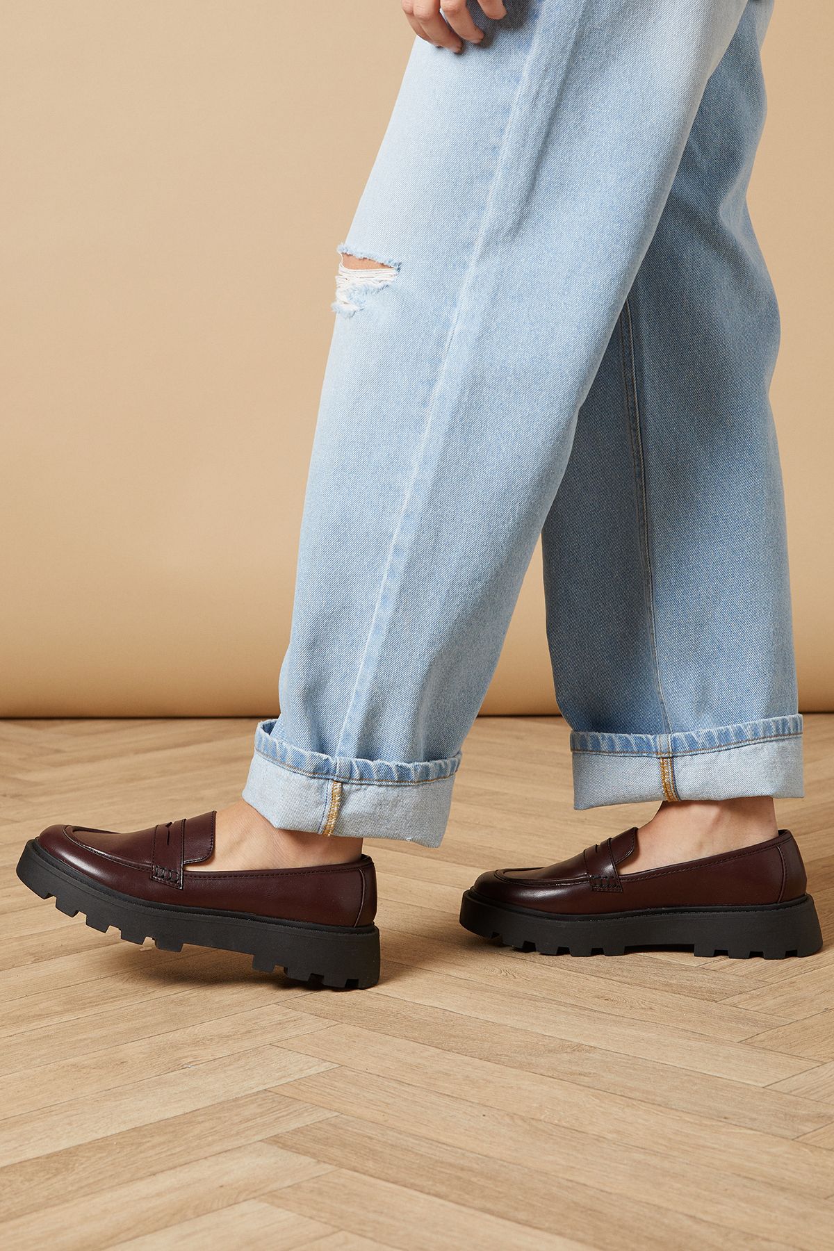 Oasis Brit Faux Patent Leather Chunky Penny Loafers Burgundy image 3