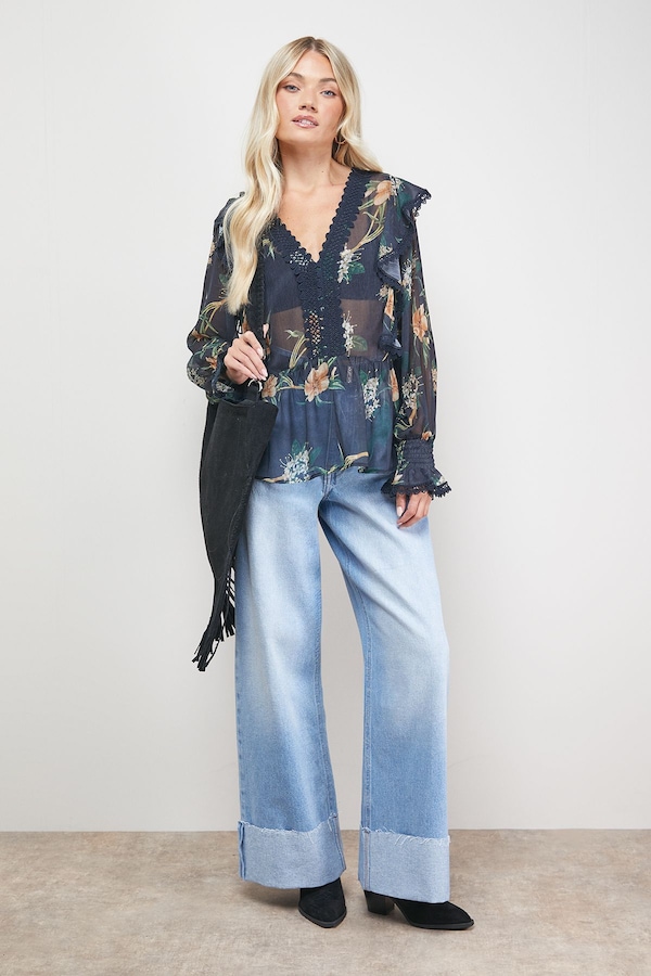 Oasis Printed Frill Detail Sheer Chiffon Blouse Floral
