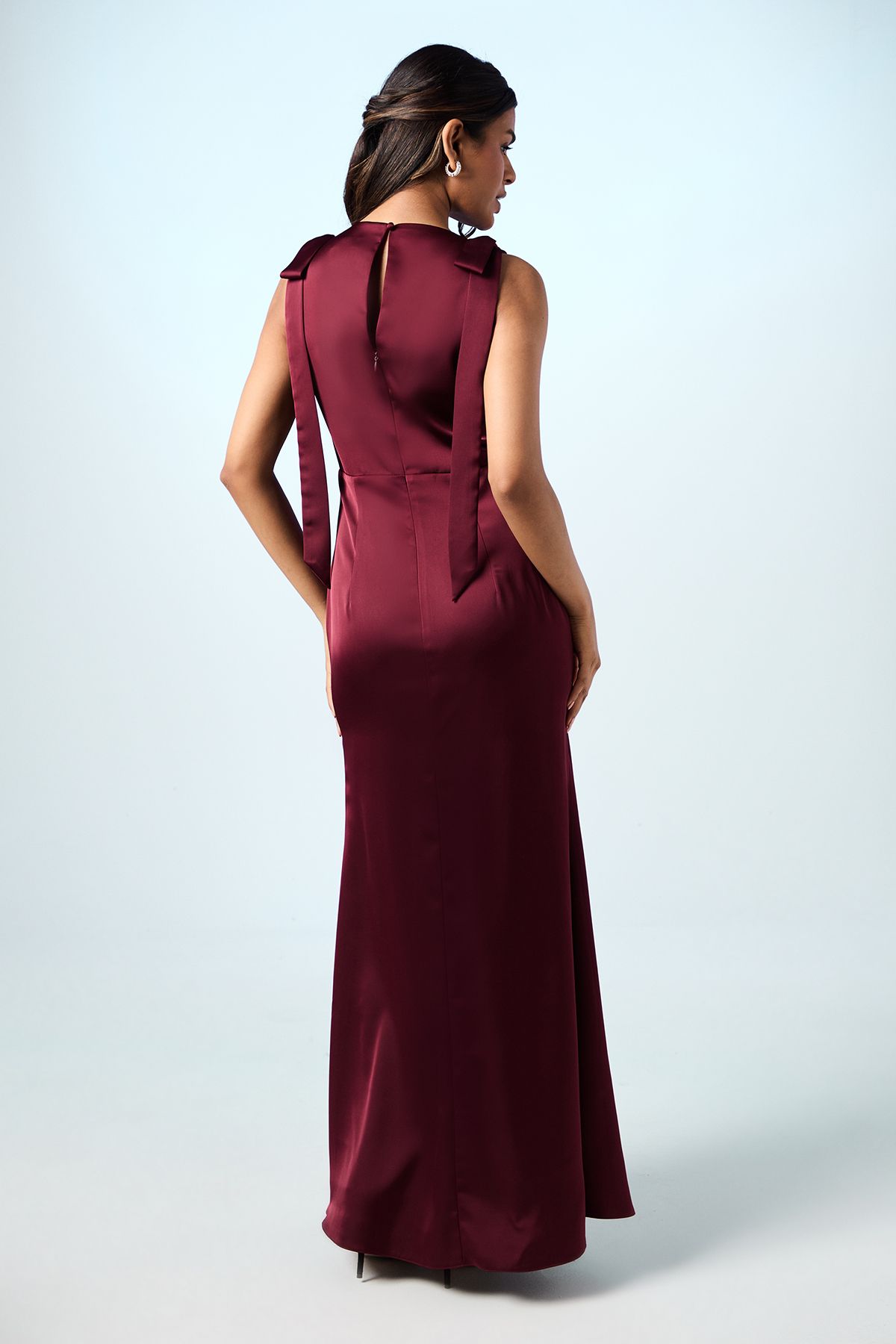 Coast Coast Honoured Petite Sleeveless High Neck Tie Shoulder Satin Maxi Bridesmaid Dress Malbec image 4
