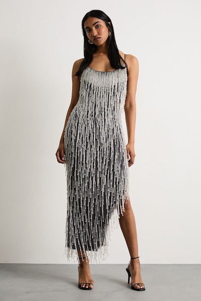 Warehouse Hand Embellished Sequin Tassel Midi Dress Gun Metal