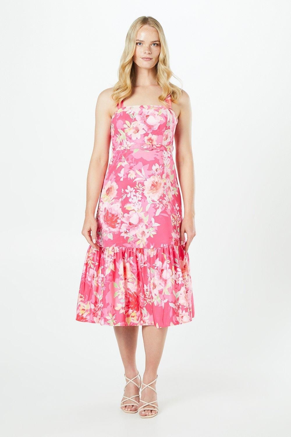 Oasis Floral Ottoman Twill Belted Midi Dress Pink image 1
