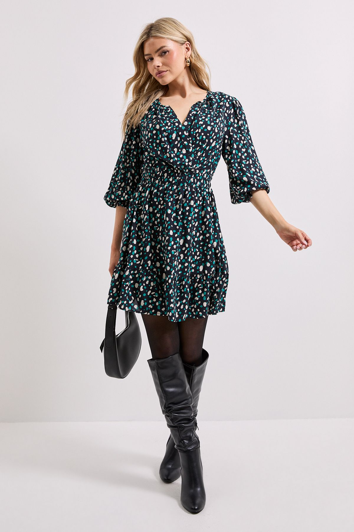 Dorothy Perkins Black Abstract Wrap Front Blouson Sleeve Mini Dress Black image 1