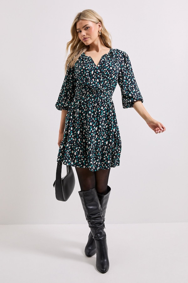 Dorothy Perkins Black Abstract Wrap Front Blouson Sleeve Mini Dress Black