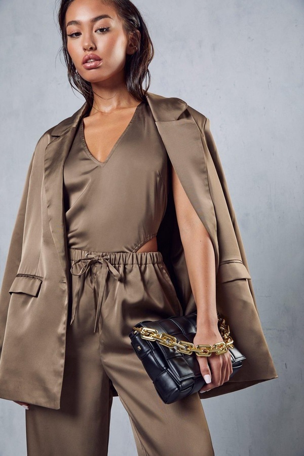 MissPap Cut Out Waist Satin Bodysuit Brown