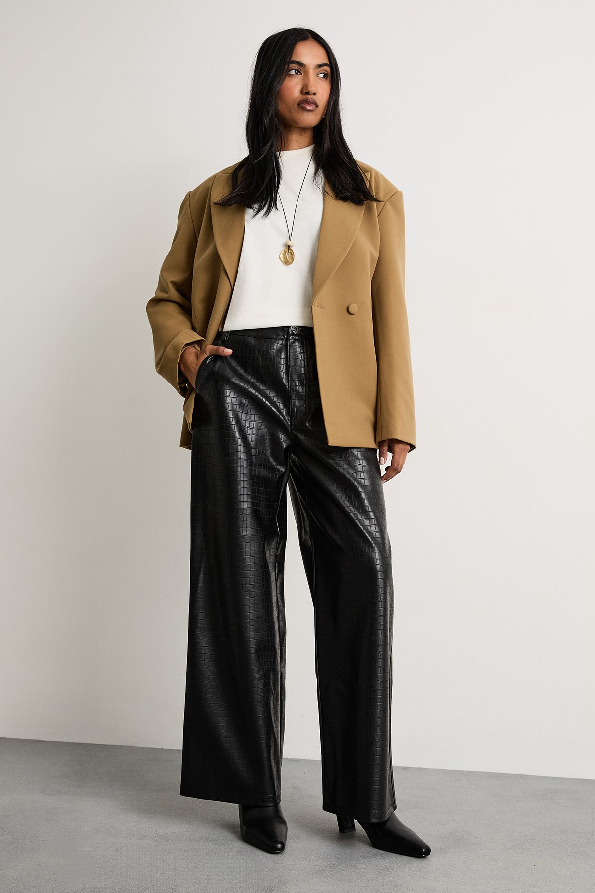 Warehouse Faux Leather Croc Embossed PU Straight Leg Black