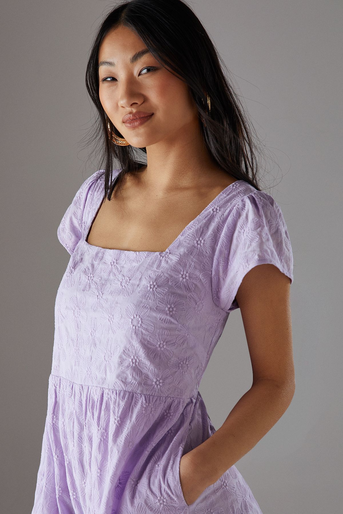 Warehouse Petite Floral Cotton Square Neck Babydoll Playsuit Lilac image 3