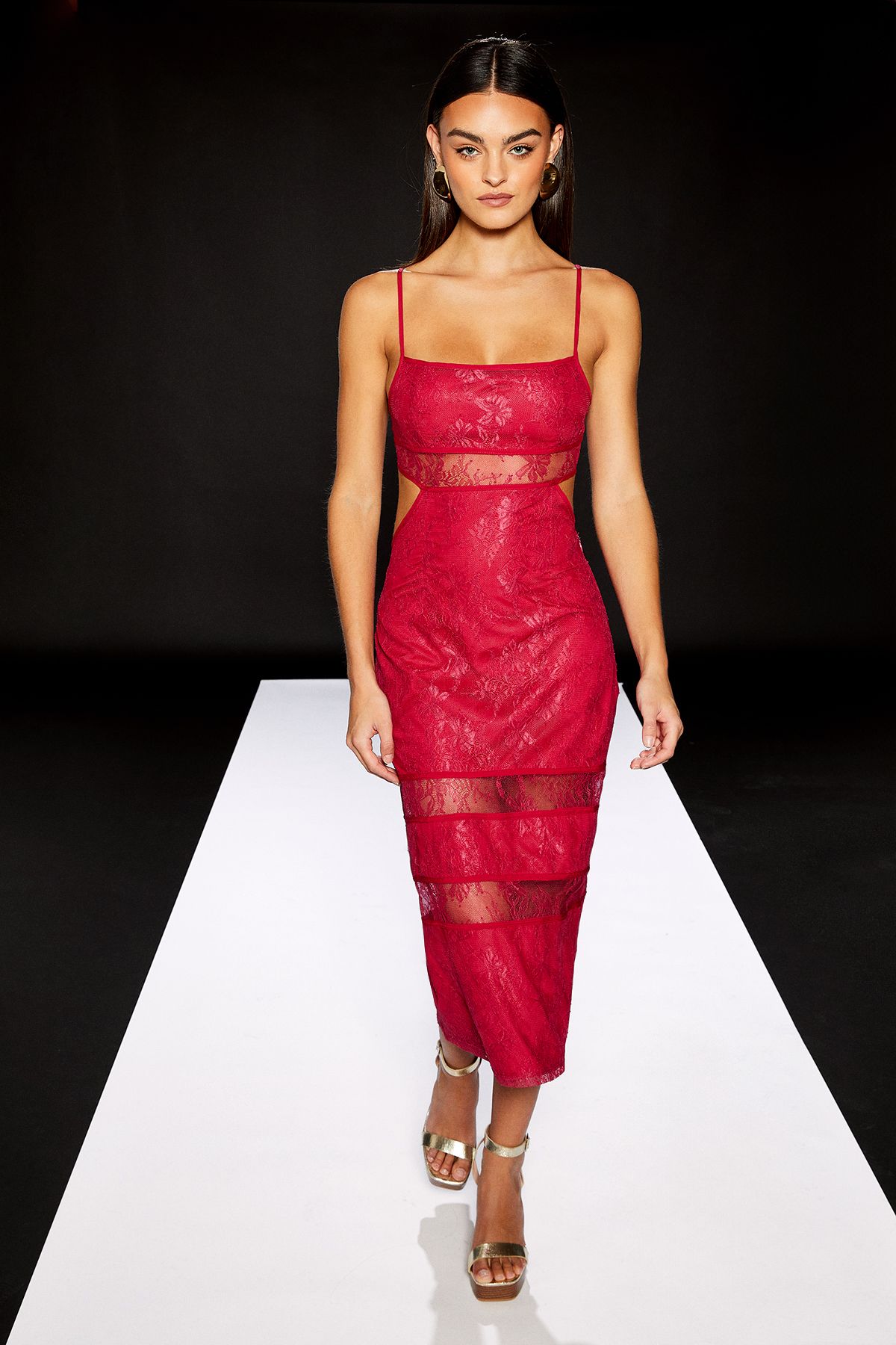 RUNWAY 1.8.1.8 Runway 1.8.1.8 Lace Insert Cut Out Midi Dress Red image 1