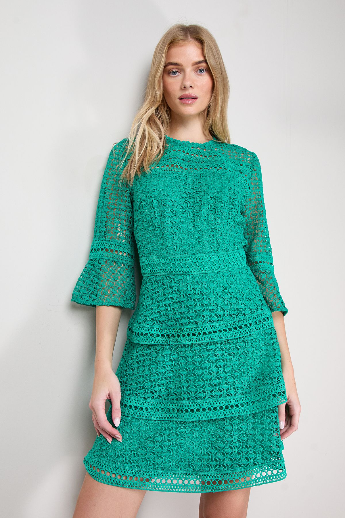 Oasis Lace Trim Detail Tiered Fluted Sleeve Mini Dress Green image 1