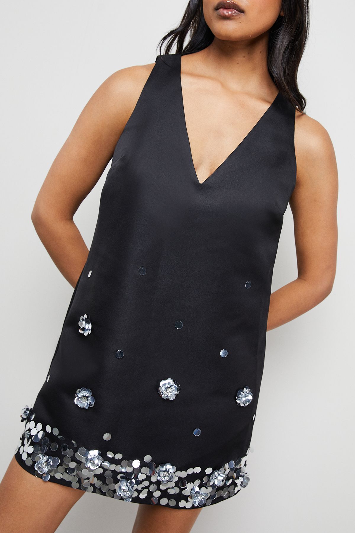 Warehouse Embellished Heavy Satin Plunge Neck Mini Dress Black image 4