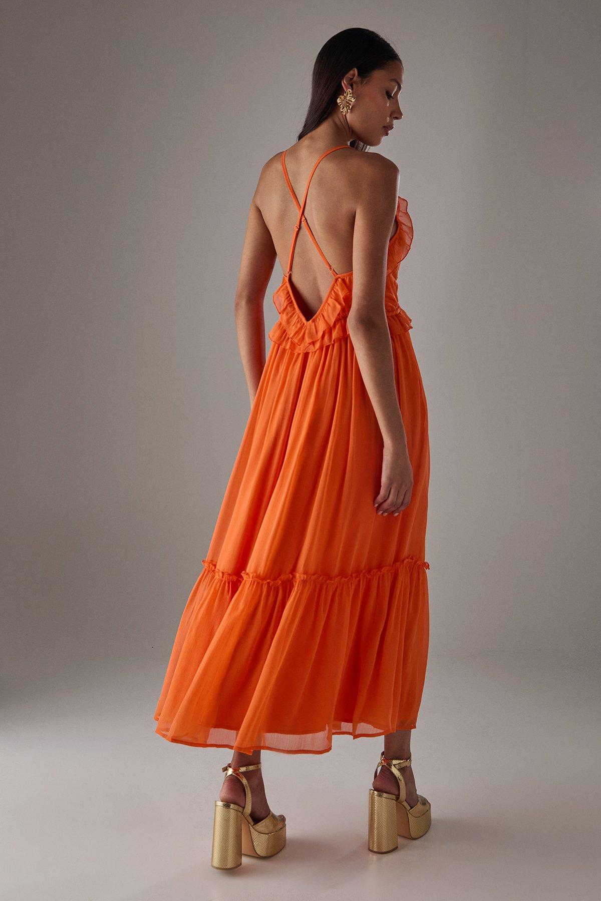 Warehouse HCD Chiffon Ruffle Strappy Floaty Maxi Dress Orange image 3