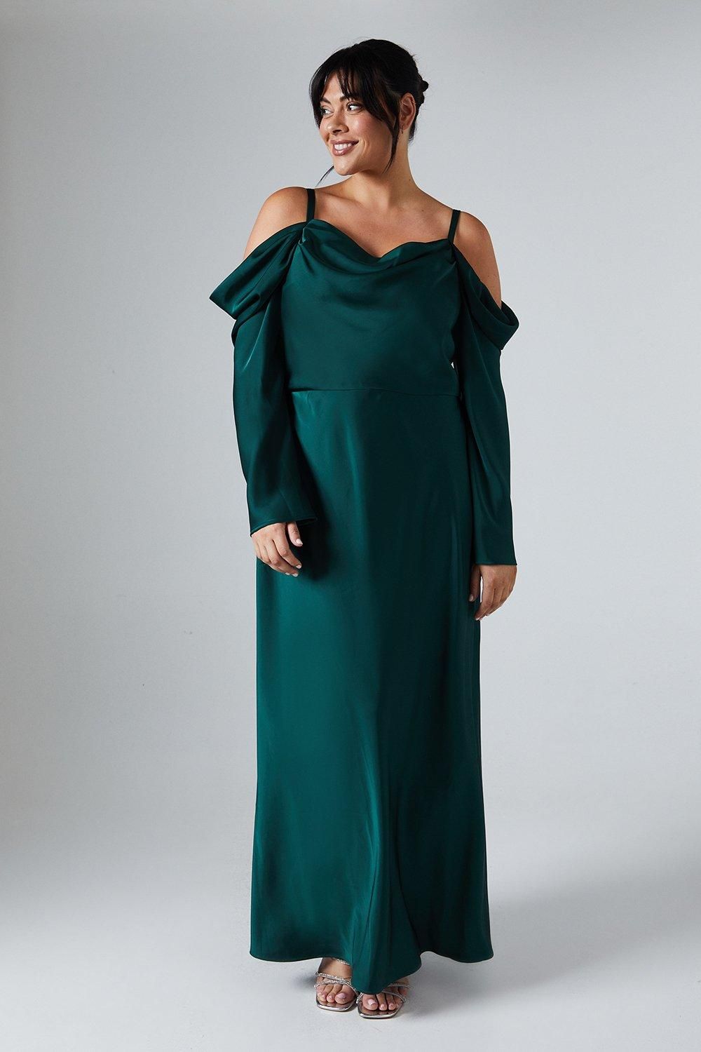 Coast Plus Size Long Sleeve Cowl Neck Satin Bridesmaid Dress Emerald image 1