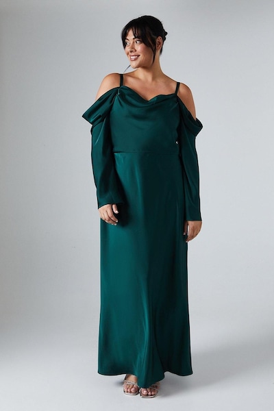 Coast Plus Size Long Sleeve Cowl Neck Satin Bridesmaid Dress Emerald