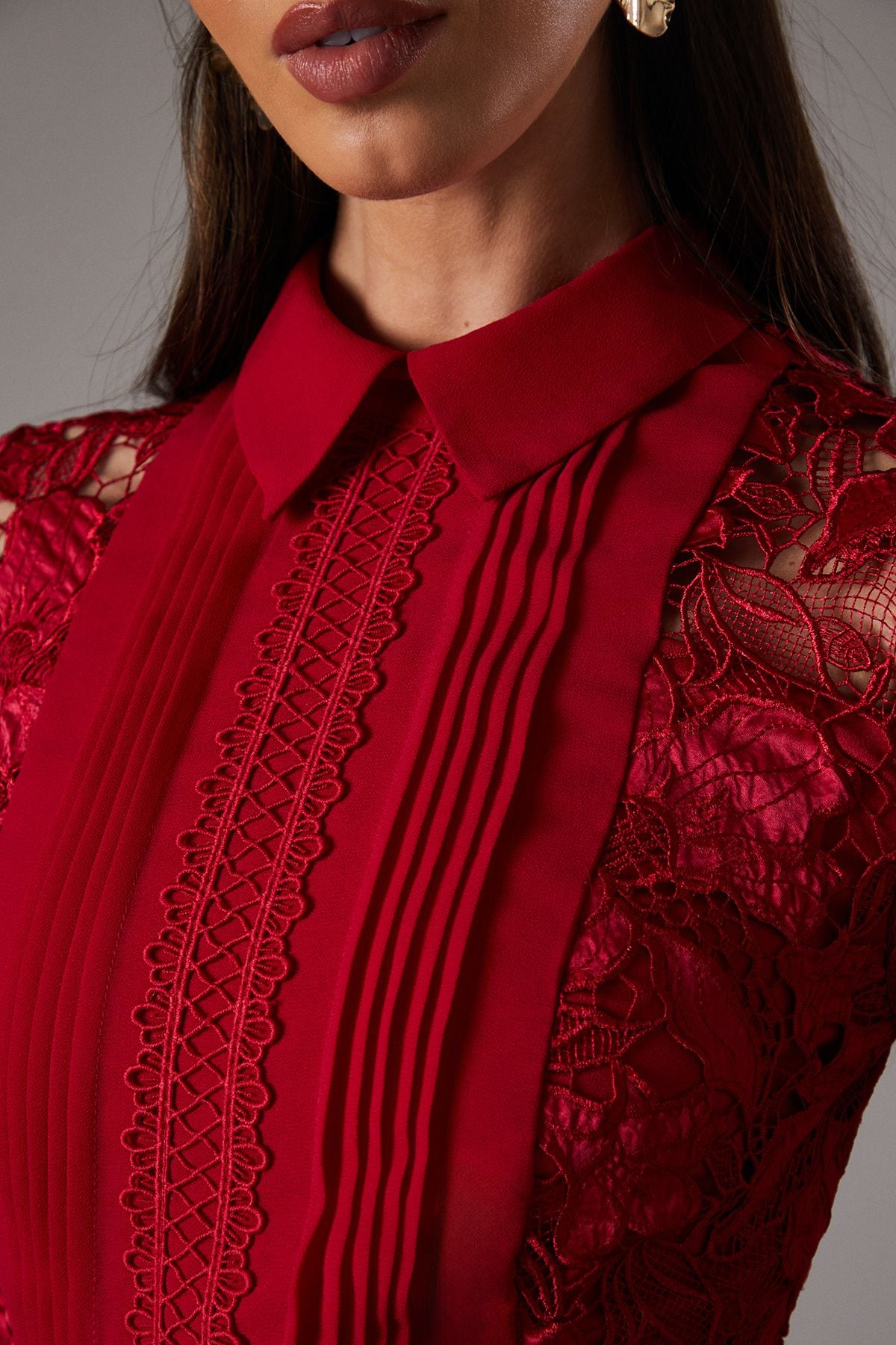 Coast Long Sleeve Lace and Pleated Midi Shirt Dress Red image 5