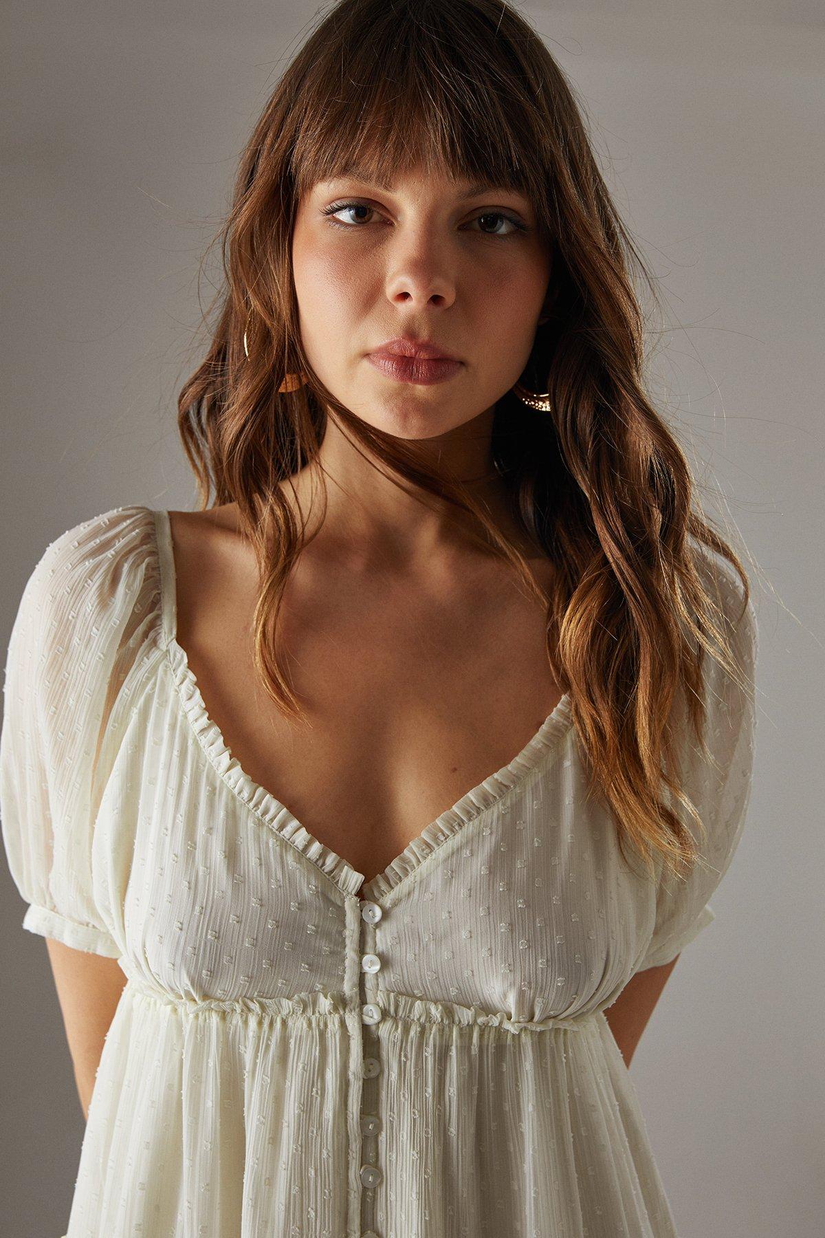 Warehouse Dobby Chiffon Button Mini Smock Dress Cream image 4