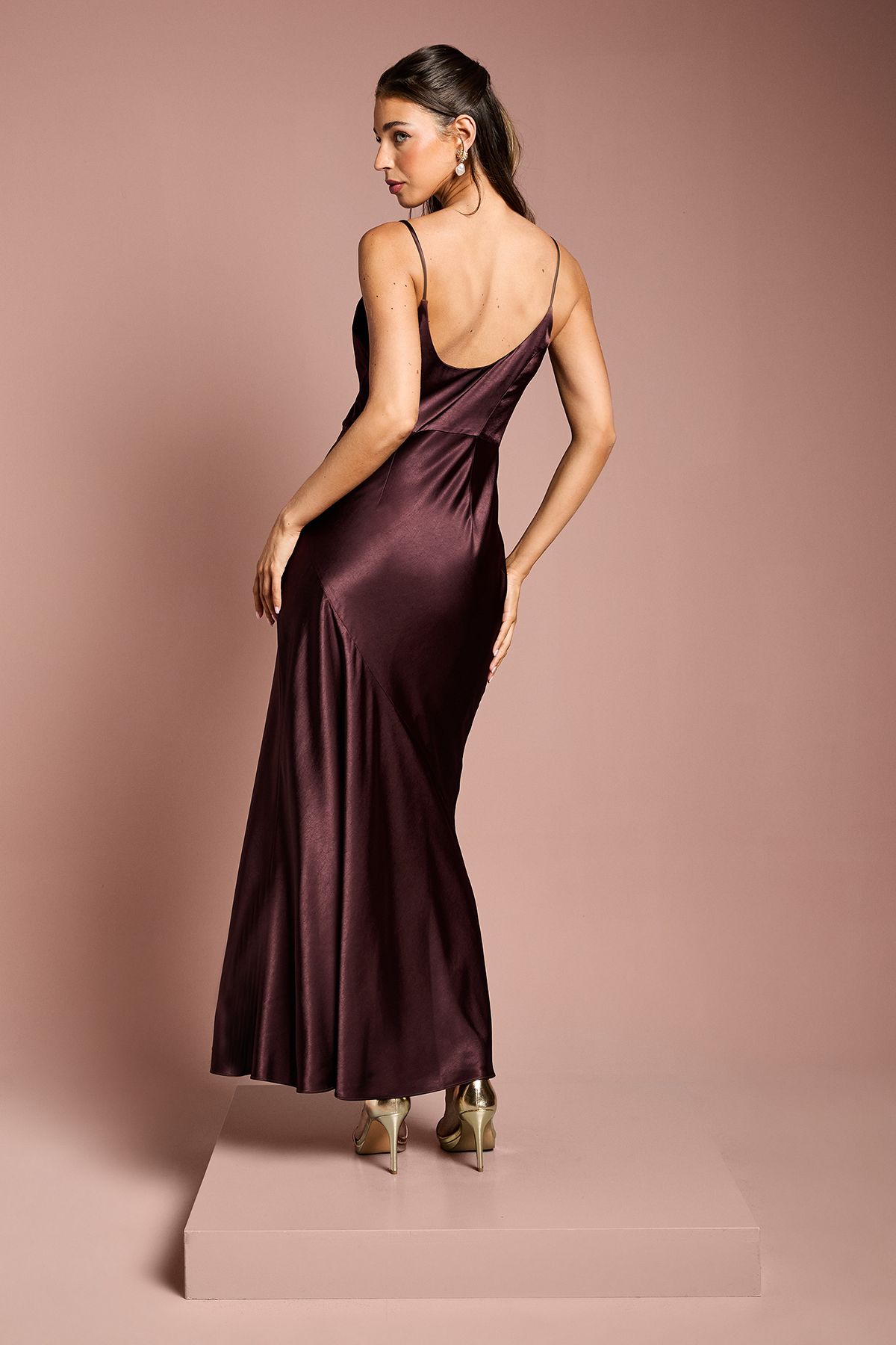 Coast Satin Strappy Cowl Neck Fishtail Maxi Bridesmaid Dress Espresso image 4