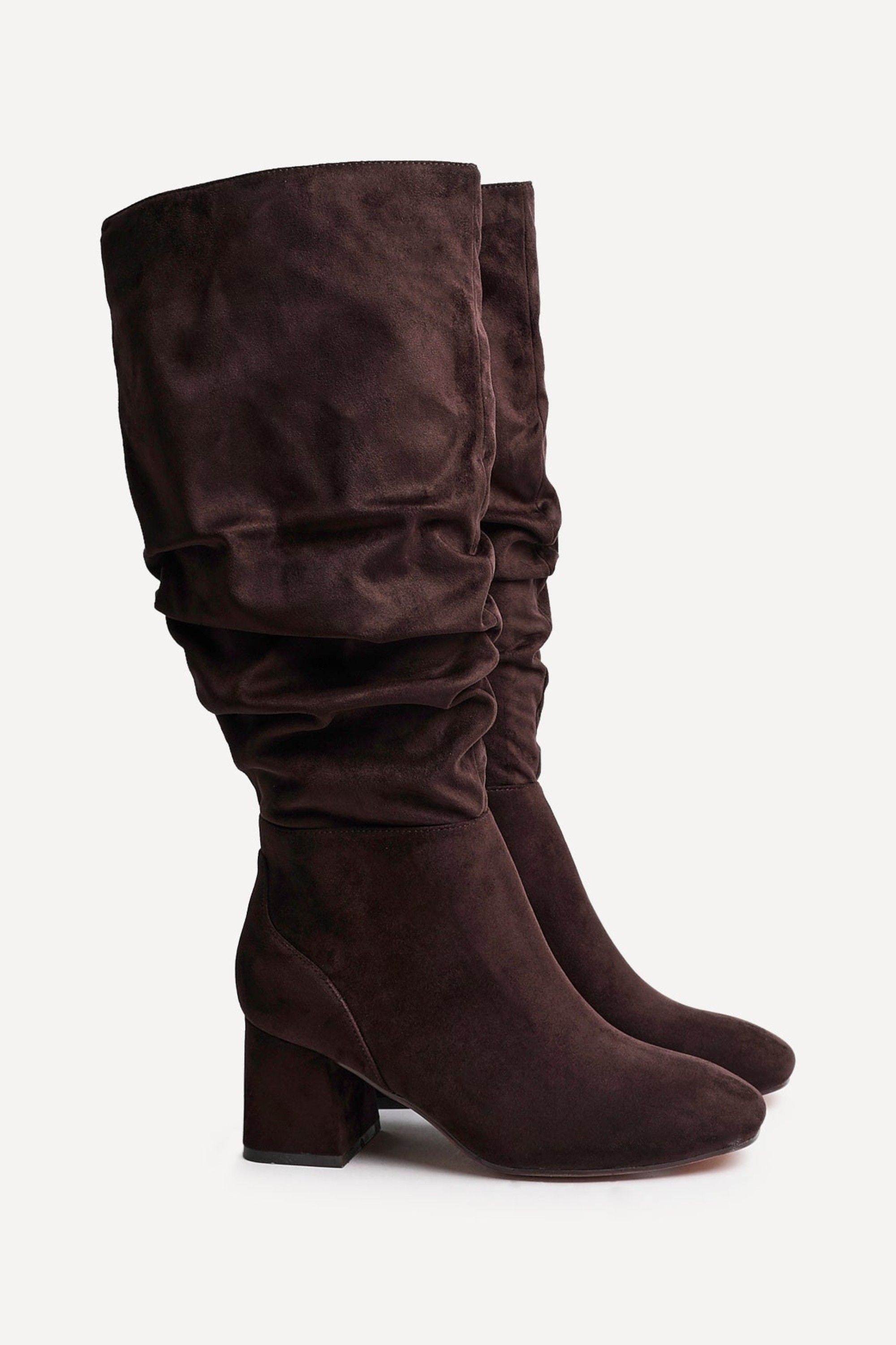 Linzi Inferno Wide Fit Brown Faux Suede Ruched Long Heeled Boot image 4