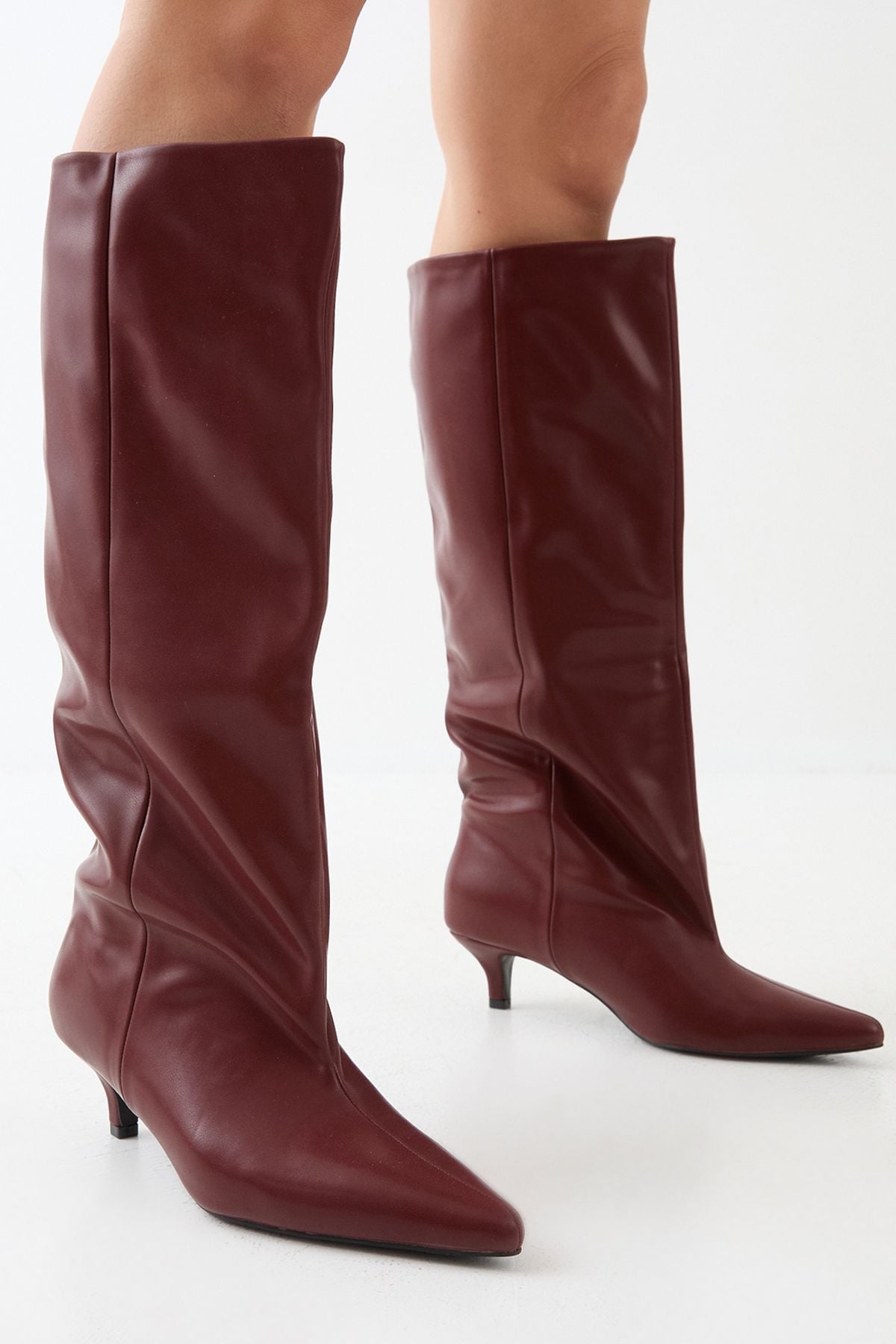 MissPap Low Stiletto Heel Knee High Boots Burgundy image 4