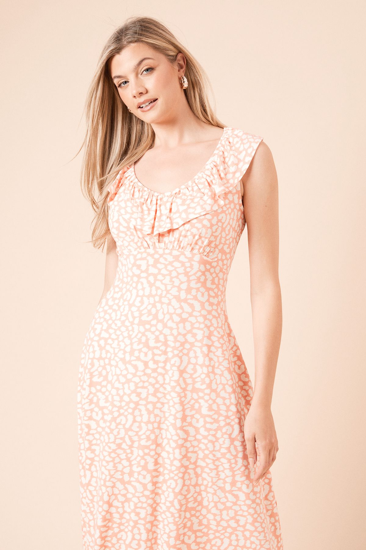 Dorothy Perkins Coral Animal Frill Neck Empire Midi Dress Animal image 2