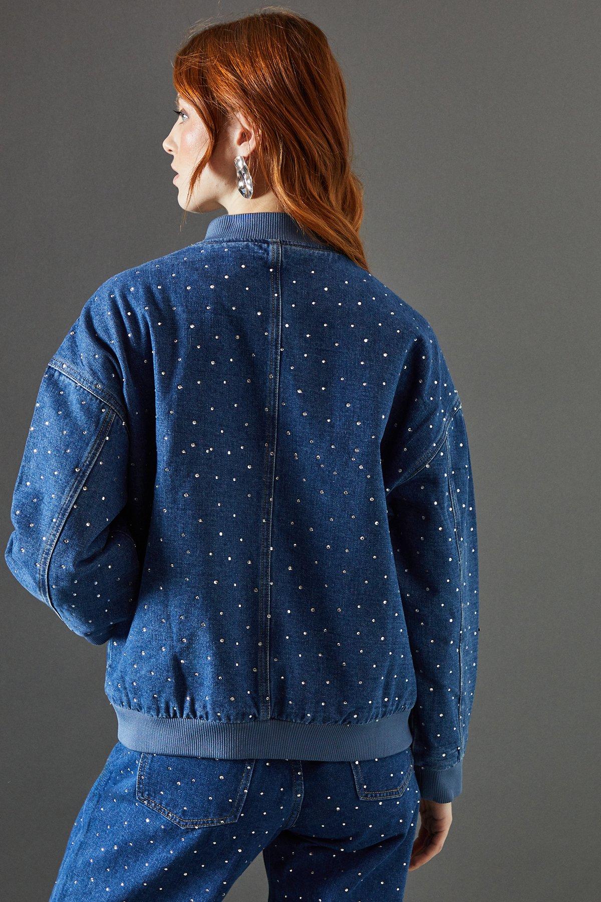 Warehouse Denim All Over Hotfix Bomber Jacket Dark Wash image 3