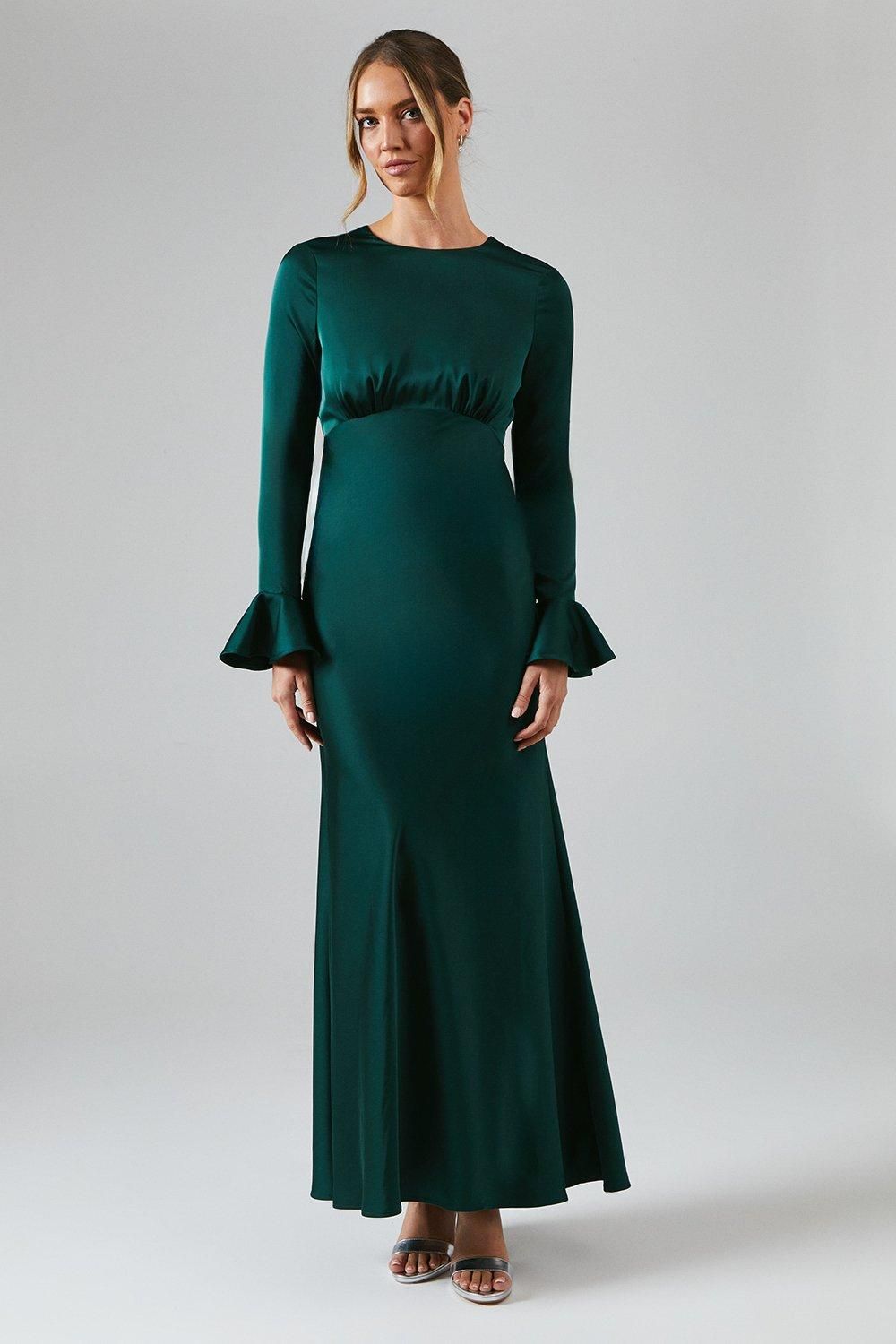 Coast Long Sleeve Flute Hem Satin Bridesmaid Dress Emerald image 1