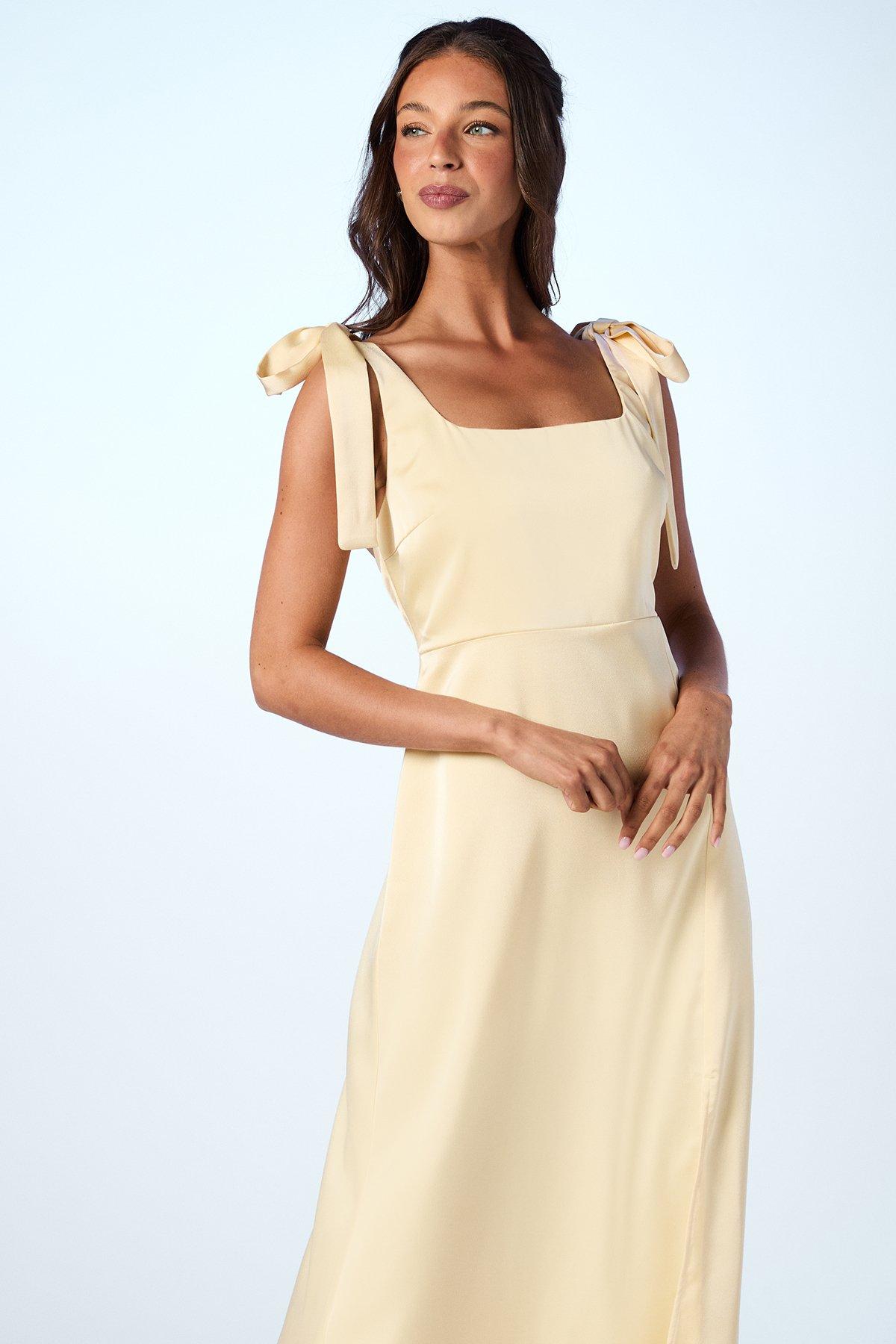 Oasis Satin Tie Shoulder Midi Bridesmaids Dress Butter image 2