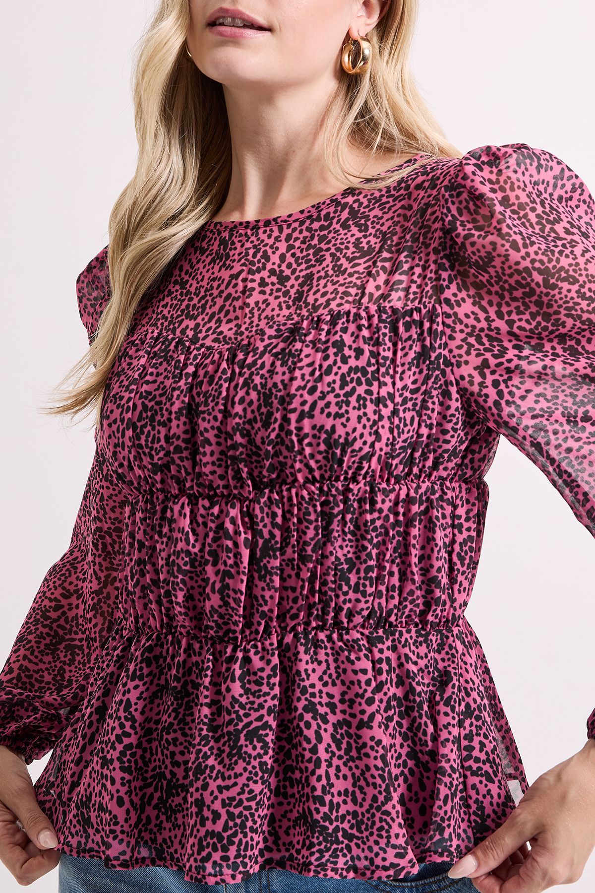 Dorothy Perkins Animal Sheer Yoke Printed Chiffon Shirred Top Animal image 5