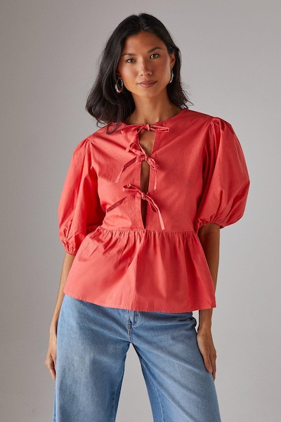 Warehouse Poplin Tie Front Volume Sleeve Blouse Coral