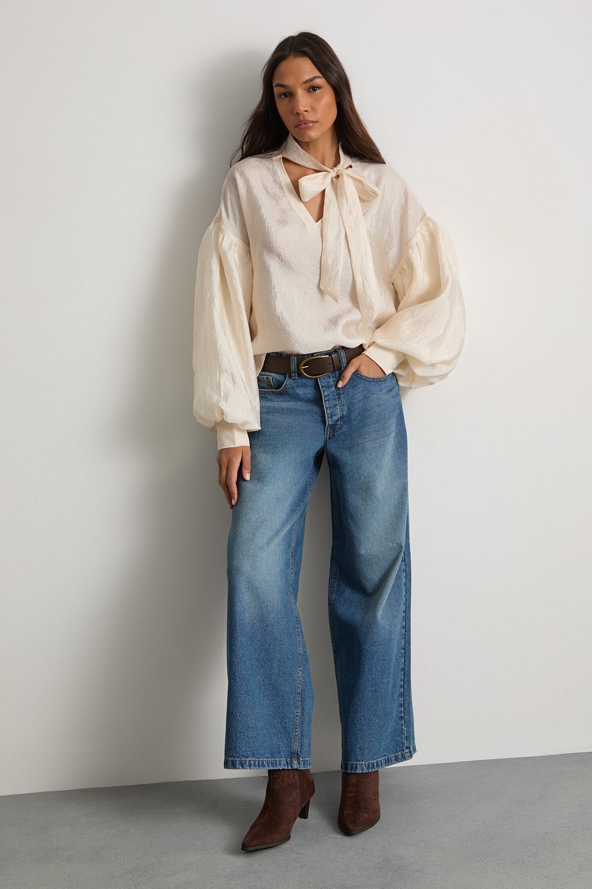 Warehouse Pussybow Tie Neck Blouson Sleeve Blouse Cream image 2