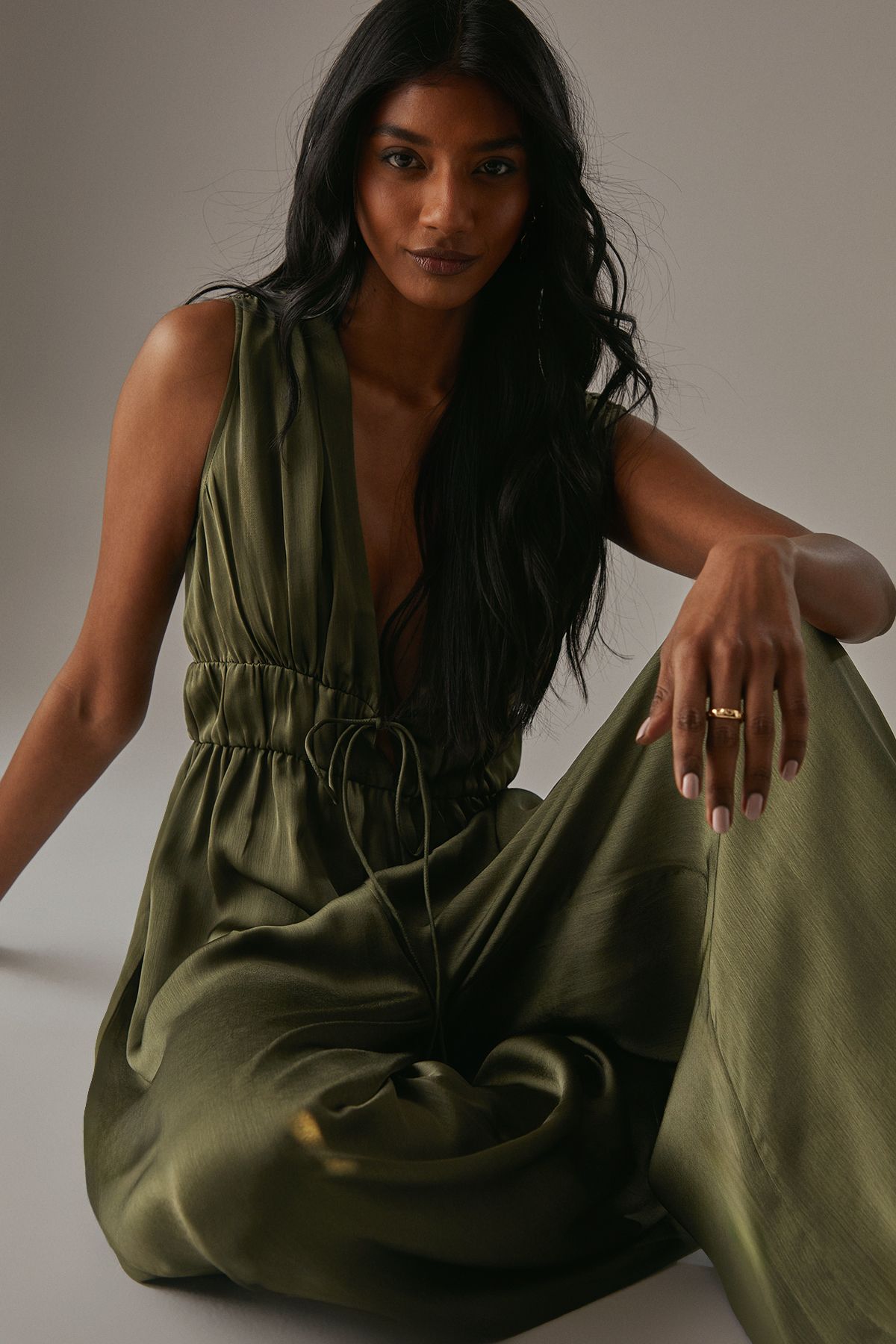 Warehouse Crinkle Satin Plunge Neck Tie Detail Jumpsuit Khaki image 4