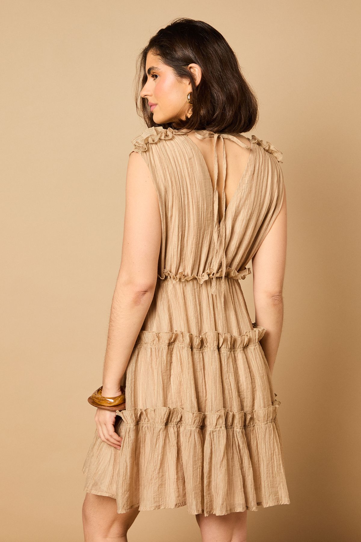 Oasis Tiered Detail V Neck Mini Dress Mocha image 3