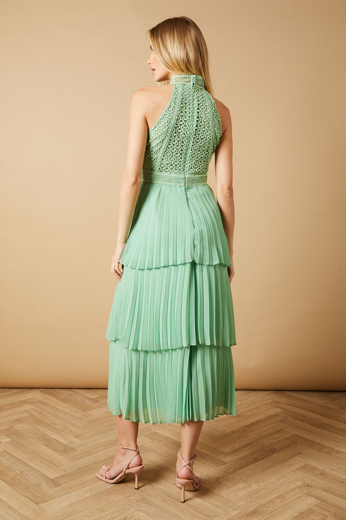 Oasis Lace Sleeveless Pleated Tiered Midaxi Dress Sage image 3