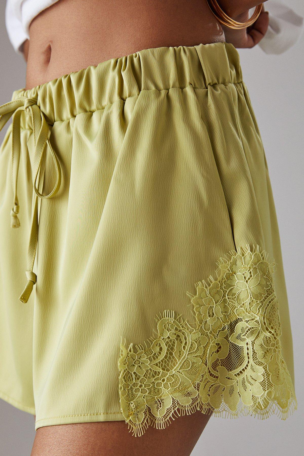 Warehouse Apple Green Satin Lace Insert Drawstring Waist