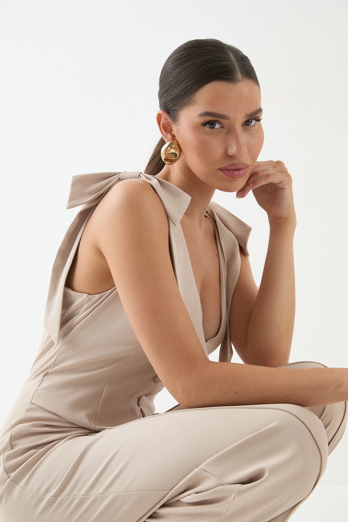 MissPap Tailored Tie Shoulder Waistcoat Jumpsuit Stone image 4